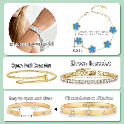 Gold Bracelets for Women, 18K Gold Plated Women Tennis Bracelets Clover Nail Love Bangle Bracelet Set, Gold Bracelet Stackable Set Trendy Jewelry, Gifts for Women's Day and Mother's Day - color: 01-Color-blue