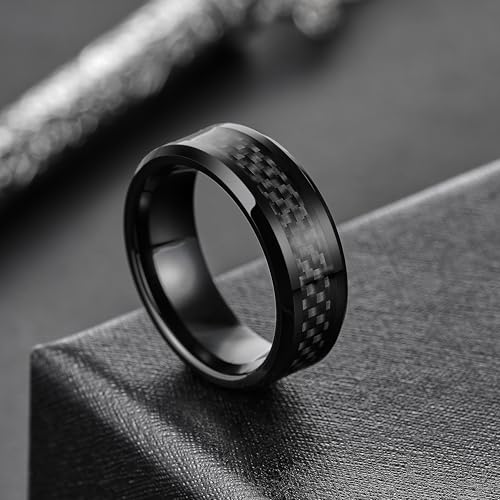 King Will 8mm Mens Tungsten Wedding Rings Carbon Fiber Plaid Inlaid Polished - color: Black-Grey Fiber, size: 11