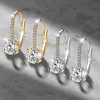 Ladies 1 Carat Diamond Pendant Earrings 18K Gold Plated Cubic Zirconia Hanging Lever Bridal Earrings Girls and Women's Fashion Jewelry - color: 2-Color Set (Gold, silver)