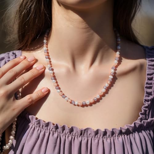 Natural Pearls Necklace, Freshwater Baroque Pearls Necklace for Women's Pearl Strand Choker Necklace 18K Gold Plated & S925 Sterling Silver Clasp White Necklace Chain - color: Colorful, 5-6mm, Silver Clasp