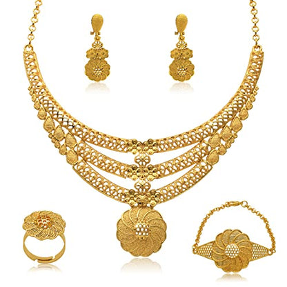 indian Women Jewelry Necklace Set african Dubai Bride Wedding Prom Fashion Jewelry 24K Gold Plated Necklace Bangles Rings Earrings - color: S-340