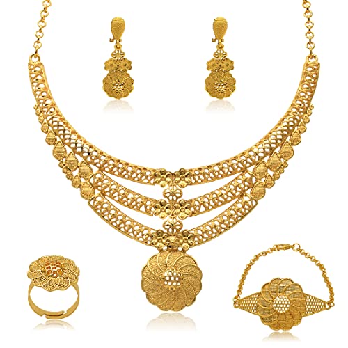indian Women Jewelry Necklace Set african Dubai Bride Wedding Prom Fashion Jewelry 24K Gold Plated Necklace Bangles Rings Earrings - color: S-340