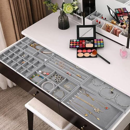Stackable Jewelry Organizer Trays, 6-Piece Velvet Set, Gray | Removable Dividers, Soft Velvet Lining, Stackable Drawer Trays For Earrings, Rings, Bracelets And Necklaces - color: Gray