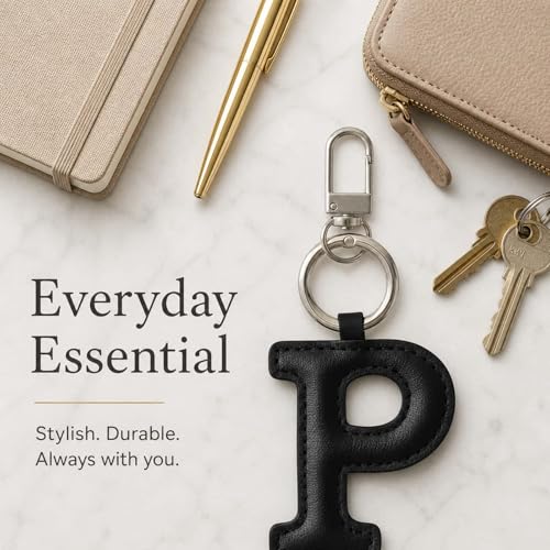 Initial Letter Keychain,Stainless Steel,Colorful Faux Leather Keyring for Backpack,Purse,Car Keys,Gift for Men Women - color: P
