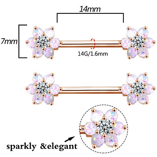 14G Opal Flower CZ Nipple Barbell Nipple Ring Piercing Jewelry for Women - color: rosegold