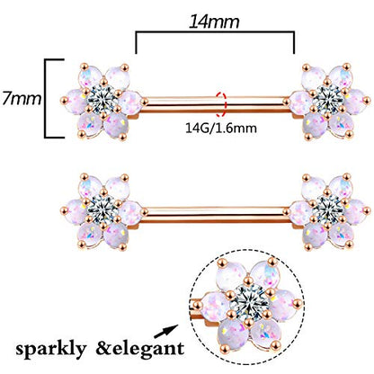 14G Opal Flower CZ Nipple Barbell Nipple Ring Piercing Jewelry for Women - color: rosegold