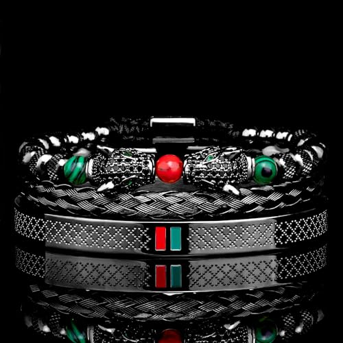 3pcs/set Classical Handmade Braiding Bracelet Hip Hop Men Pave CZ Leopard Head Roman Numeral Bracelet Stainless Steel Jewelry - color: 3pcs S Double Leopard Head Black