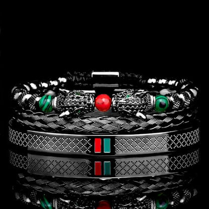 3pcs/set Classical Handmade Braiding Bracelet Hip Hop Men Pave CZ Leopard Head Roman Numeral Bracelet Stainless Steel Jewelry - color: 3pcs S Double Leopard Head Black