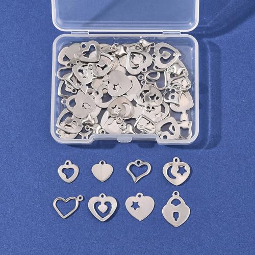 8-64Pcs Silver Goldern Color Heart Pendants Charms 10 Styles Heart Stainless Steel Metal Charms for Jewelry Making Crafting Necklaces Bracelets Earrings Keychains Birthday Gift - color: Silver-60 pcs