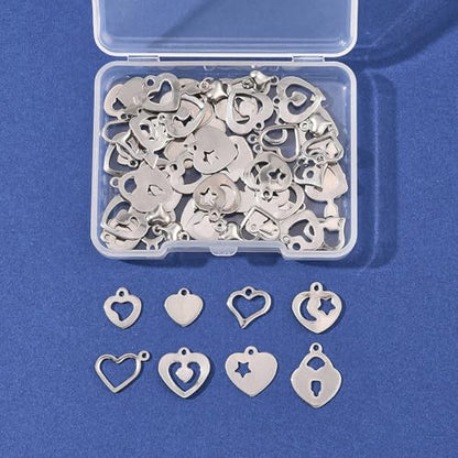 8-64Pcs Silver Goldern Color Heart Pendants Charms 10 Styles Heart Stainless Steel Metal Charms for Jewelry Making Crafting Necklaces Bracelets Earrings Keychains Birthday Gift - color: Silver-60 pcs