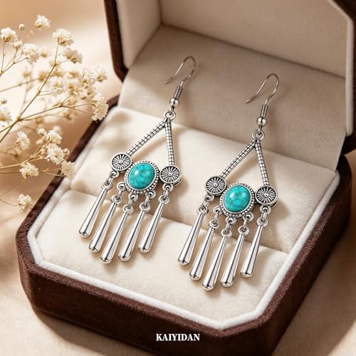 Boho Turquoise Dangle Earrings For Women Trendy,Western Blue Gemstone Drop Earings,Vintage Gothic Ethnic Statement Beach Vacation Long Birthstone Earrings with Leaf Teardrop Turquoise Crystal Tassels,Fashion Jewelry Birthday Gift. - style: A1 Turquoise ta