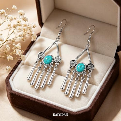 Boho Turquoise Dangle Earrings For Women Trendy,Western Blue Gemstone Drop Earings,Vintage Gothic Ethnic Statement Beach Vacation Long Birthstone Earrings with Leaf Teardrop Turquoise Crystal Tassels,Fashion Jewelry Birthday Gift. - style: A1 Turquoise ta