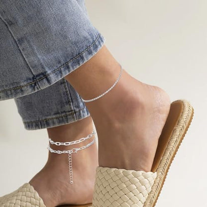 6Pcs Silver Ankle Bracelets 14k Cuban Link Chain Anklets Set | Layered Waterproof Adjustable Dainty Summer Beach Gold Accessories Boho Bracelet Jewelry for Women