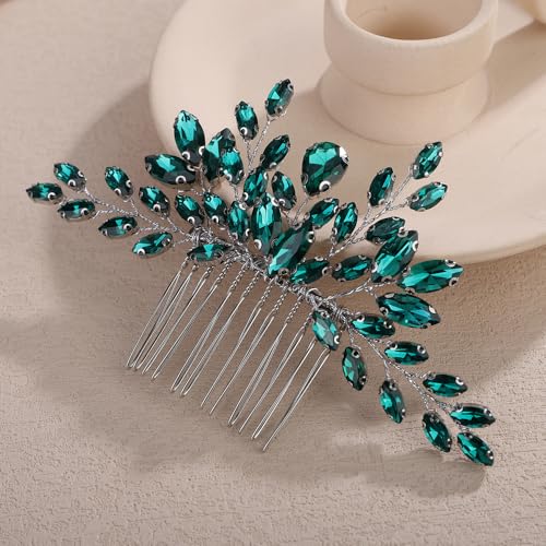 Teyglen Green Crystal Bride Wedding Hair Comb Full Rhinestone Wedding Hair Piece for Bride Wedding Hair Accessories Teardrop Crystal Hair Comb for Women Bridal Headpiece(Peacock green) - color: Peacock green