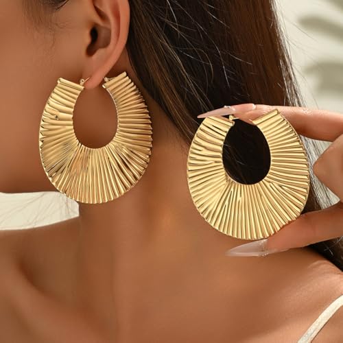 Large Chunky Gold Hoop Earrings for Women – Expensive Hollow Geometric Stainless Steel Statement Dangle Earrings with Textured Big Circle Design, Modern Metallic Fashion Jewelry Gift - color: Gold Unique