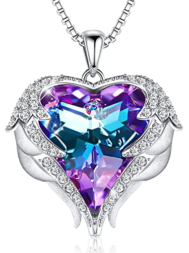 CDE Angel Wings Heart Birthstone Pendant Necklace Gift for Women | Silver/Gold Tone,Ideal Birthday & Anniversary Jewelry Gift for Wife,Girlfriend,Her - color: White-02-Amethsy Purple Birthstone