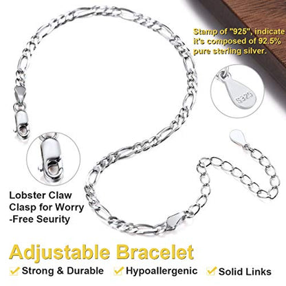 ChainsHouse Stainless Steel Herringbone Flat Chain Bracelets for Women,18K Gold/Rose Gold/Black Metal Paperclip/Snake/Cuban/Figaro Sterling Silver Link Charm Bracelet, 16+5cm Adjustable, With Gift Box - color: c. figaro-sterling silver