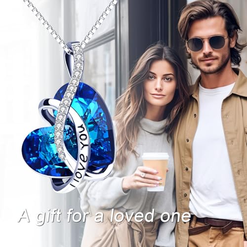 AOBOCO I Love You Sterling Silver 12 Birthstone Heart Pendant Necklace Embellished with Crystals from Austria, Mother's Day Anniversary Birthday Jewelry Christmas Gifts for Women Grandma Nana - color: Blue