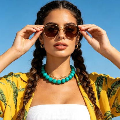 Chunky Beaded Necklace for Women Trendy Boho Collar Statement Necklace Large Round Resin Beads Choker Necklaces Summer Beach Jewelry Gifts - color: Turquoise