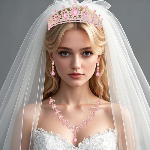 Crystal Crown and Tiara Jewelry Set for Women Bride with Necklace Earrings | Metal Rhinestone Royal Queen Princess Jewelry Set Wedding Quinceanera Pageant Prom Birthday Halloween Party Costume Gift - color: Pink