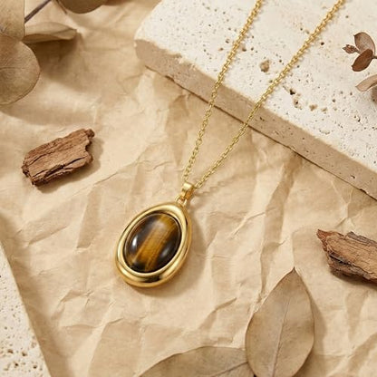 Colorful Natural Stone Necklaces for Women Trendy 14K Gold Plated Oval Gemstone Pendant Statement Necklace Jewelry Gifts for Women - color: Brown