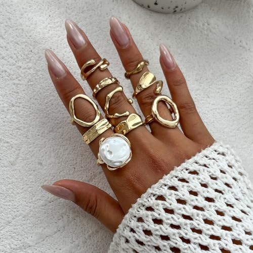 CSIYANJRY99 Gold Silver Rings Set for Women Trendy Irregular Chunky Gold Ring Baroque Pearl Rings Stackable Statement Knuckle Ring Jewelry - color: E-Gold