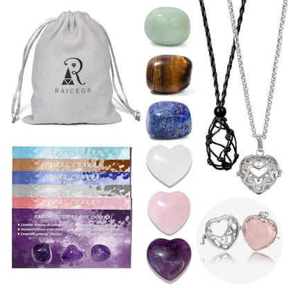 Raicegs Heart Shaped Crystals and Healing Stones 7 Chakra Crystal Necklace 0.8 inch Heart Gemstones Natural Stones Necklaces for Women Spiritual Gift for Women Teen - style: 6PCS