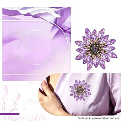 Crystal Flower Brooch Pin for Women Rhinestone Floral Lapel Jewelry - color: Purple