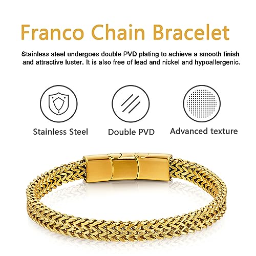 Mens Bracelet-Stainless Steel Magnetic Clasp Franco Chain Bracelets for Men - color: B-Gold