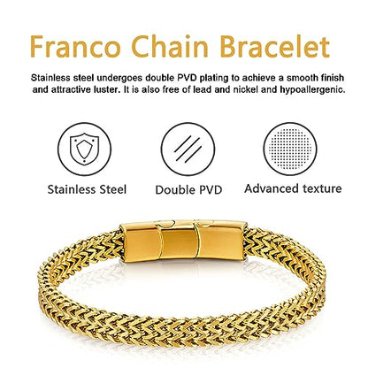 Mens Bracelet-Stainless Steel Magnetic Clasp Franco Chain Bracelets for Men - color: B-Gold