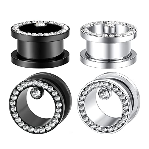 WBRWP Unisex Women 6pcs/8pcs-3pairs/4pairs Hollow Zircon Stainless Steel Screw Ear Plugs Tunnels with ZirconEar Plugs Tunnels - Ear Expander - Ear Gauges Stretcher Body Piercing 8g-5/8 - color: 2pairs set in black and silver color