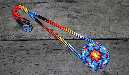 Handmade Native American Style Tribal ethnic Seed Bead Beaded Layered Medallion Necklace - color: Morning Star - Skyblue