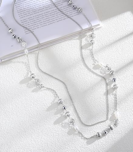 FULU AUTUMN Long Layered Silver Necklaces for Women - Natural Stone and Dainty Flower Beaded Sweater Chain Fashion Jewelry Gifts - color: Silver