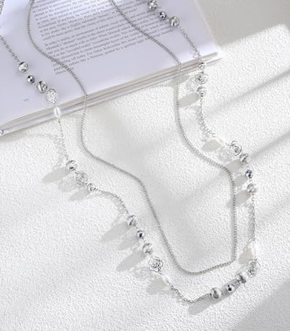 FULU AUTUMN Long Layered Silver Necklaces for Women - Natural Stone and Dainty Flower Beaded Sweater Chain Fashion Jewelry Gifts - color: Silver