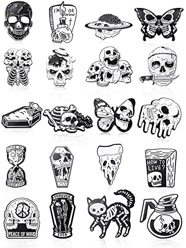 BBTO 20 Pieces Enamel Pins Skull Spooky Skeleton Enamel Pins Set Black Decorative Cartoon Goth Skull Horror Dark Brooch Cute Lapel Buttons for Jacket Backpack Hat Halloween - style: Brooch,Cartoon,Enamel,Lapel