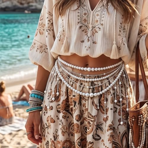 Pearl Waist Chain, Chain & Waist Belt for Women, Hip & Bride Waist Chain, Multilayer Tassel Belly Pearl Body Chain for Wedding Dress