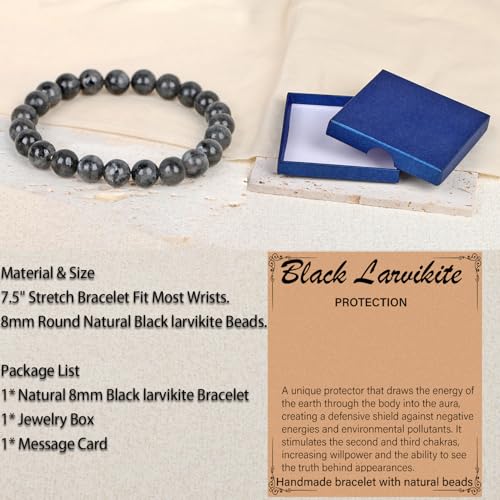 LPBeads Handmade Natural Gemstone Stretch Elastic Bracelet Healing Crystal Round Stone Beads Jewelry Gifts for Women Men - color: Black Larvikite, size: 8mm