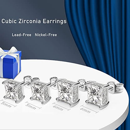 Princess Cut Cubic Zirconia Stud Earrings for Men Women | Square CZ Simulated Diamond Studs, 18K White Gold Plated Sterling Silver, Hypoallergenic - color: White Gold, size: 6MM