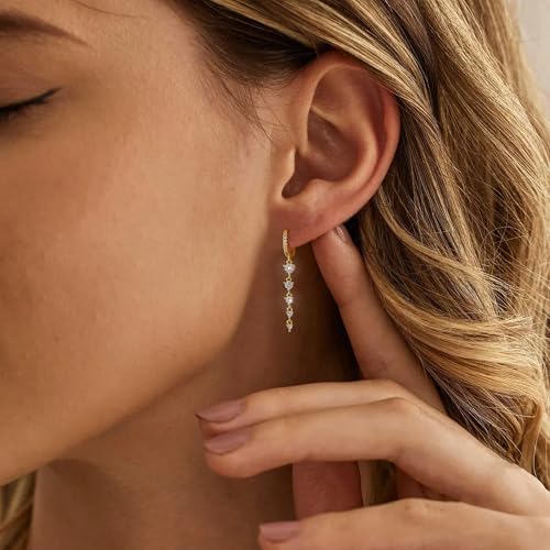 Lunvky 14K Gold Plated Dangle Earrings for Women Dainty Silver Drop Earring Trendy Long Dangling Wedding Bridesmaid Hoop Diamond Crystal Cute Earring Prom Jewelry Birthday Gifts - color: C-1 pair hoop good