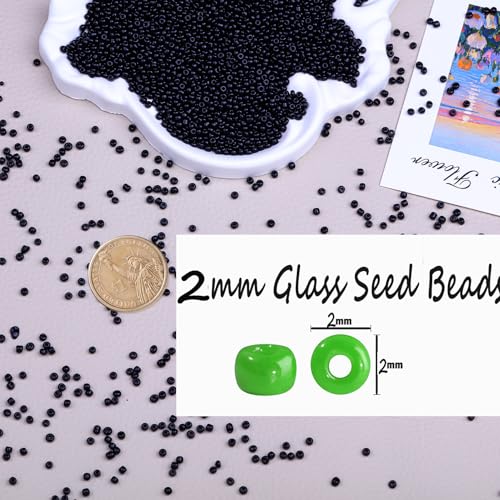 2mm Glass Seed Beads Bulk, Black 12/0 Tiny Round Seed Bead, Small Mini Pony Craft Beads for Bracelet Necklace Wrist Jewelry Making Beading Weaving DIY Crafts Supplies - color: Black