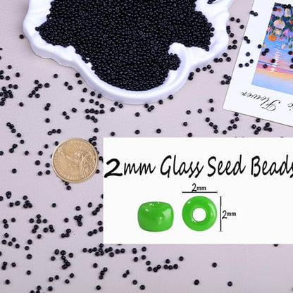 2mm Glass Seed Beads Bulk, Black 12/0 Tiny Round Seed Bead, Small Mini Pony Craft Beads for Bracelet Necklace Wrist Jewelry Making Beading Weaving DIY Crafts Supplies - color: Black