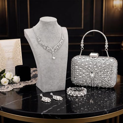 Quelay 4 Pcs Purse Rhinestone Jewelry Set Women | Wedding Bridal Prom Jewelry Sparkly Clutch Handbag with Necklace Bracelet Dangle Earrings Shiny Costume Kit - color: Silver, style: Opulent