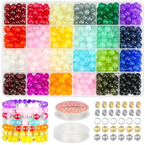 8mm Glass Beads Jewelry Making Kit, 24 Colors Crystal Beads for Bracelets Round Beads DIY Crafts with Spacer Beads Accessories - size: 8MM