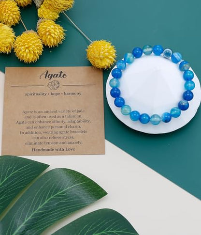 BOMAIL Natural Stone Beaded Bracelet for Women Men | 8mm Round Beads,Healing Crystal,Semi-Precious Gemstone,Yoga,Stretch,Bracelets Jewelry Gift - color: Agate