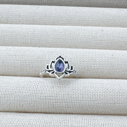Lotus Ring for Women - Zircon Inlaid Flower Promise Ring - My Trauma Inspirational Statement Floral Jewelry Gift - color: purple