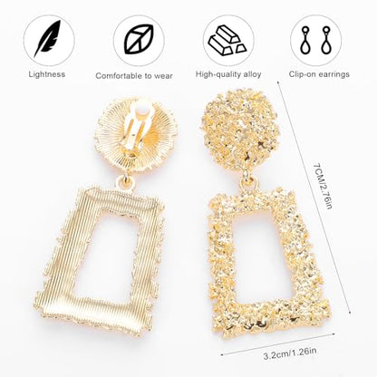 Clip on Earrings for Women, Big Statement Geometric Earrings Large Shiny Drop Dangle Earrings Non Pierced (Gold/Silver/Hot Pink) - color: Gold