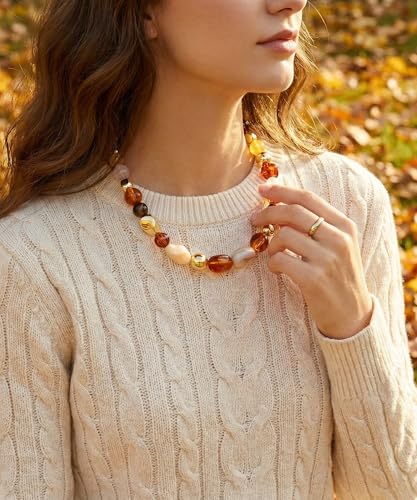 Chunky Beads Necklace for Women Trendy Gold Puffy Heart Choker Necklace Colorful Resin Beaded Heart Pendant Necklaces Statement Jewelry - color: Irregular Bead-Brown