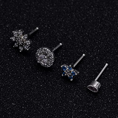 9Pcs Nose Rings Stud L Bone Screw Shaped Nose Ring Flower CZ Snowflake Butterfly Screw Nose Stud Body Piercing Jewelry for Women Men 20G Silver Gold Rose Gold Tone - color: D:Silver Tone&Bone Shaped