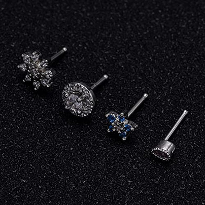 9Pcs Nose Rings Stud L Bone Screw Shaped Nose Ring Flower CZ Snowflake Butterfly Screw Nose Stud Body Piercing Jewelry for Women Men 20G Silver Gold Rose Gold Tone - color: D:Silver Tone&Bone Shaped