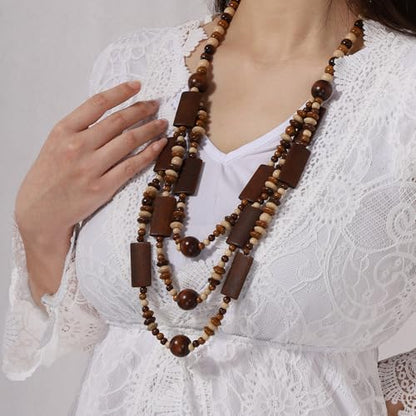 Wood Beads Necklace & Earrings for Women Chunky Multi-Layering Choker Necklace Ear Pendant - color: D
